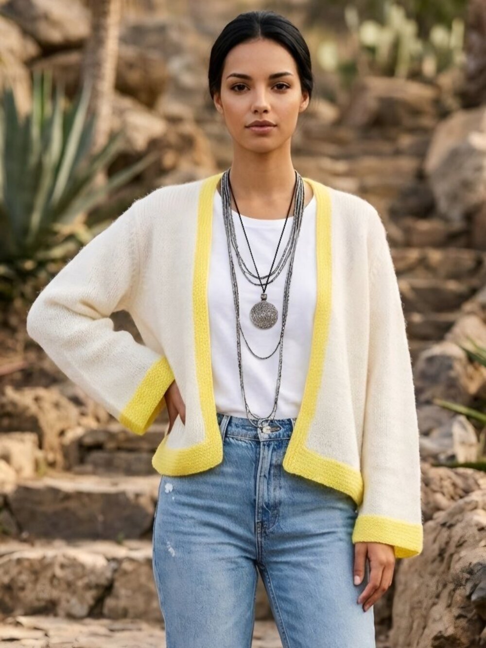 Handmade Mohair Cardigan Women Ivory Yellow Trim Boho Artisan Knit Sweater М/L
